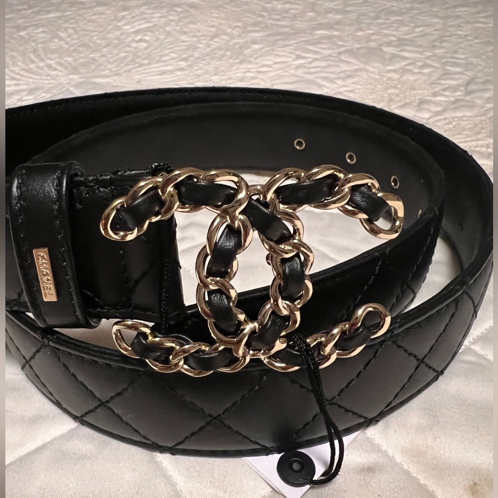 CHANEL ❤️‍🔥BLACK QUILTED NEW CC LOGO GOLD BUCKLE BELT size 85